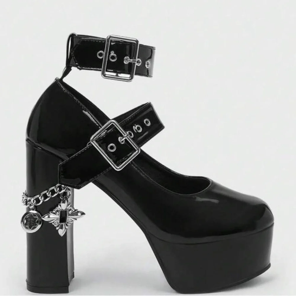 Black Platform Chunky Mary Jane Pump with Chain Detail - Picture 3 of 6